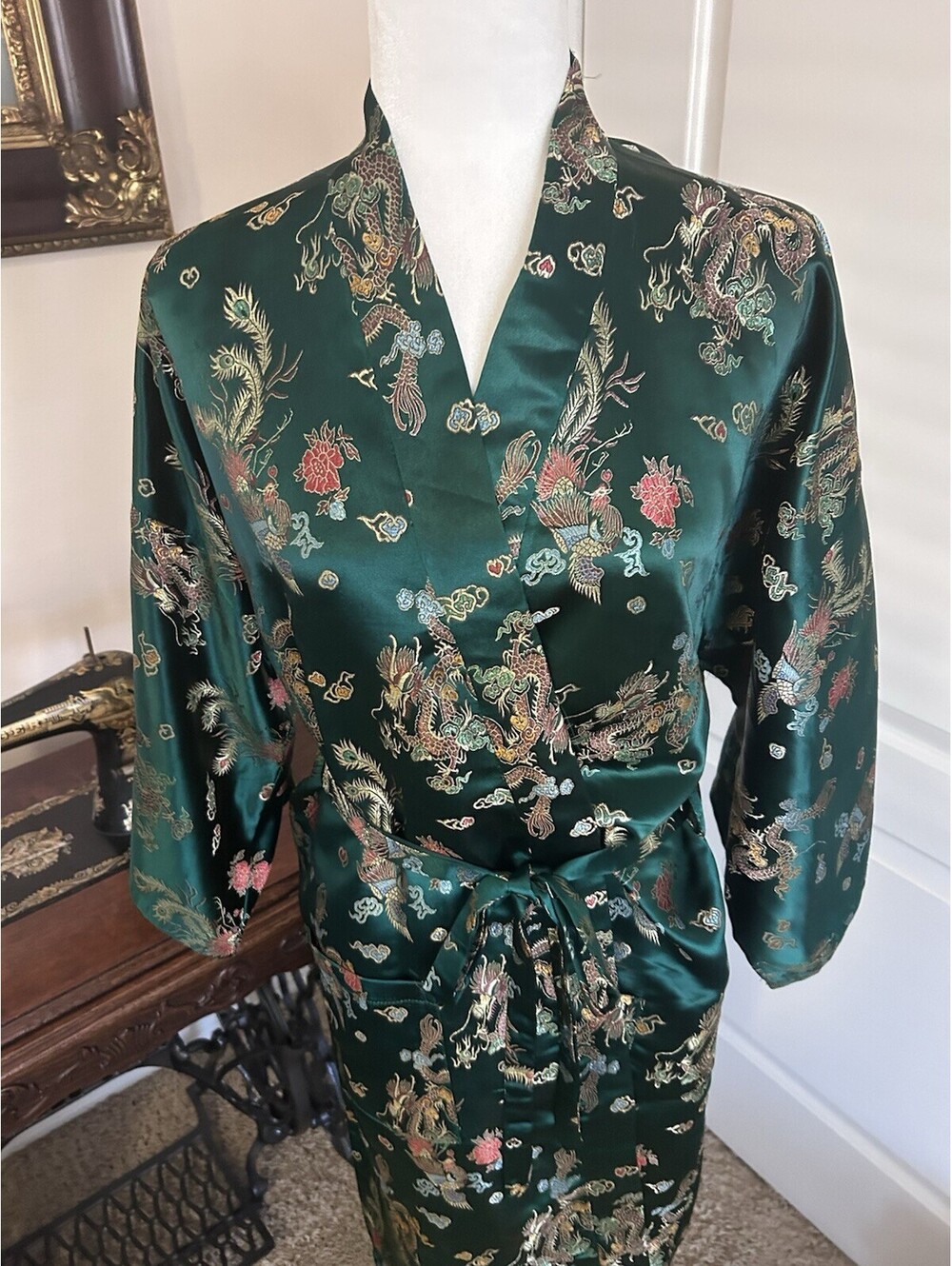 Dragon Silk Kimono Robe Emerald Green Size L